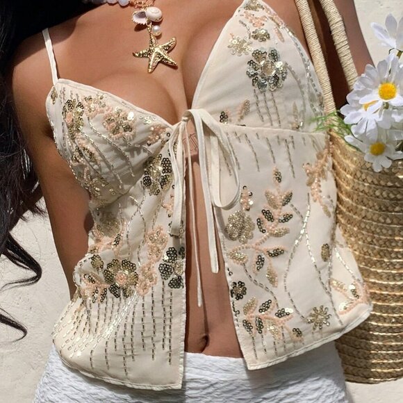 Multicolor Boho Women's Sequin Embroidered Camisole Tank Top - Picture 1 of 9